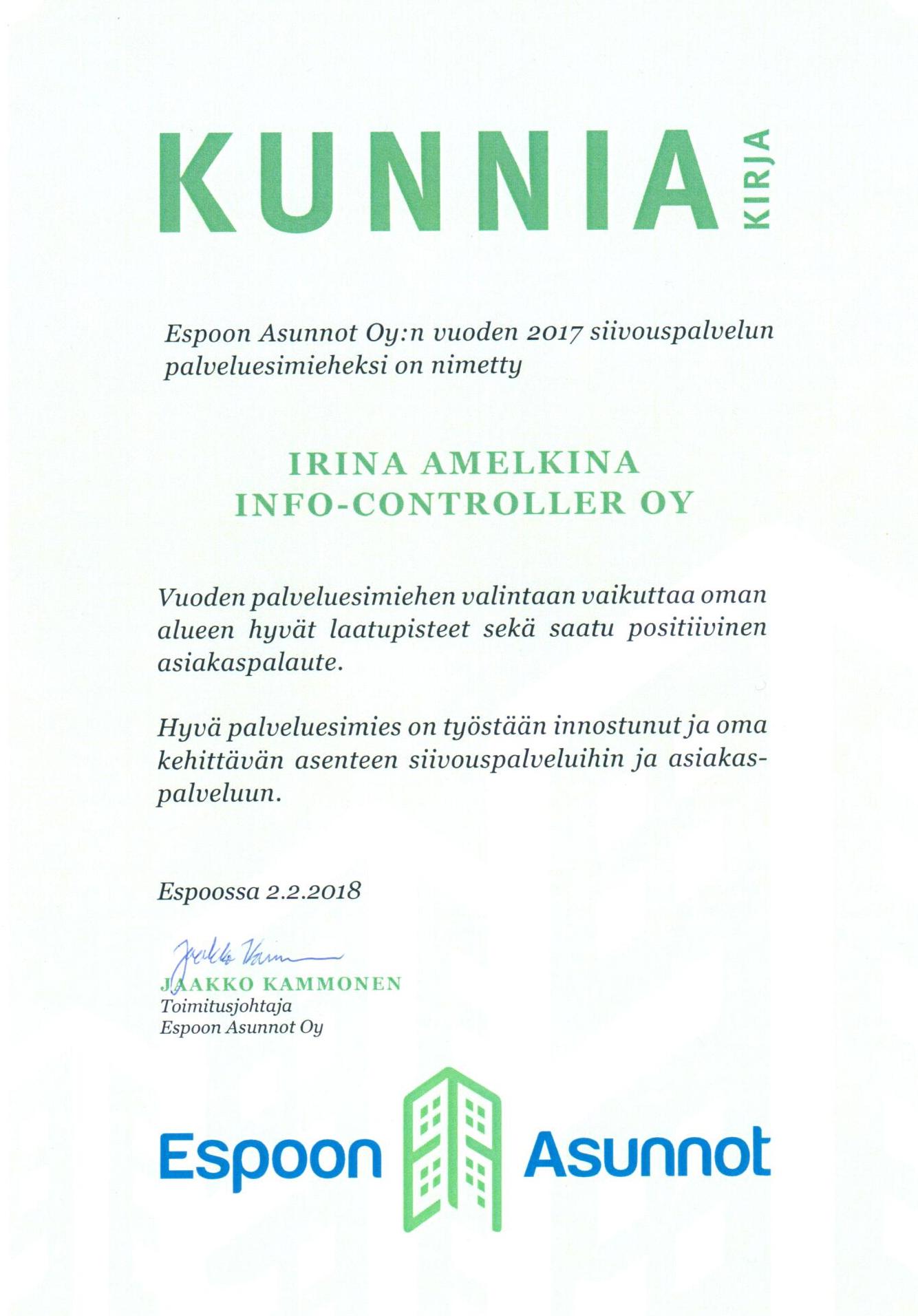 Почетная грамота, клининговые услуги, IC Siivous, Хельсинки